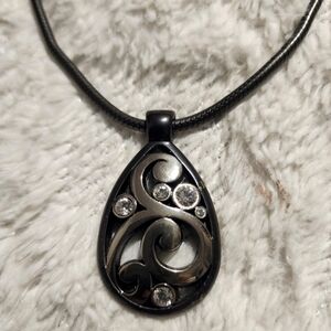 Brighton London Grove Gunmetal Necklace Large Crystal Set Oval Pendant
